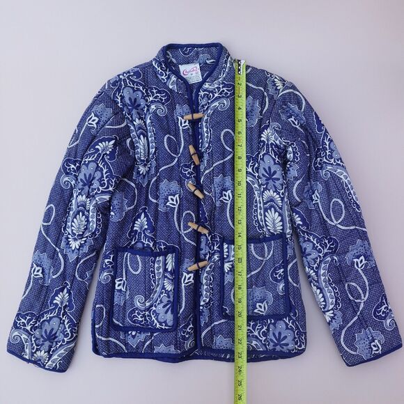 Vtg Chandni Boho Floral Quilted Jacket Women’s M Blue White Frog Button Indie - Picture 7 of 11